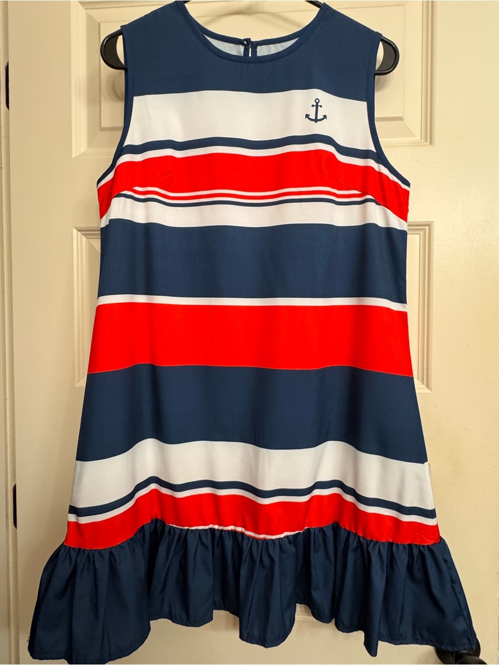 NWOT Nautical Navy Red White Striped Ruffle Hem Dress Size Medium - Picture 3 of 4